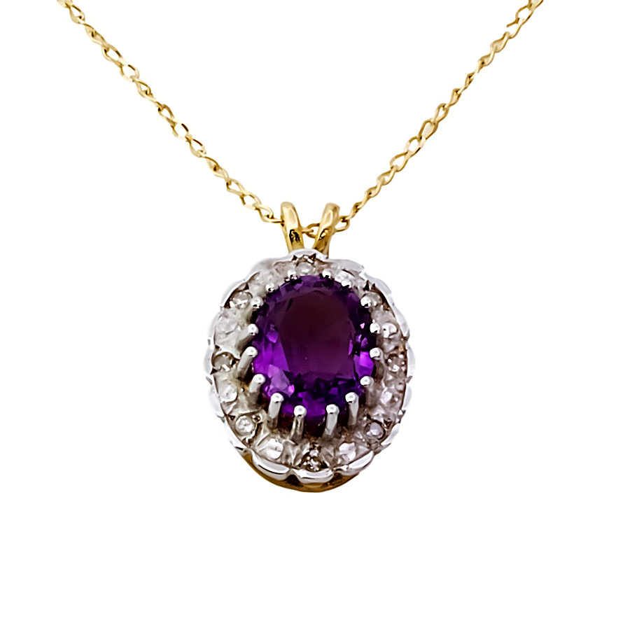 9ct Gold Amethyst / Diamond Cluster Pendant with Chain